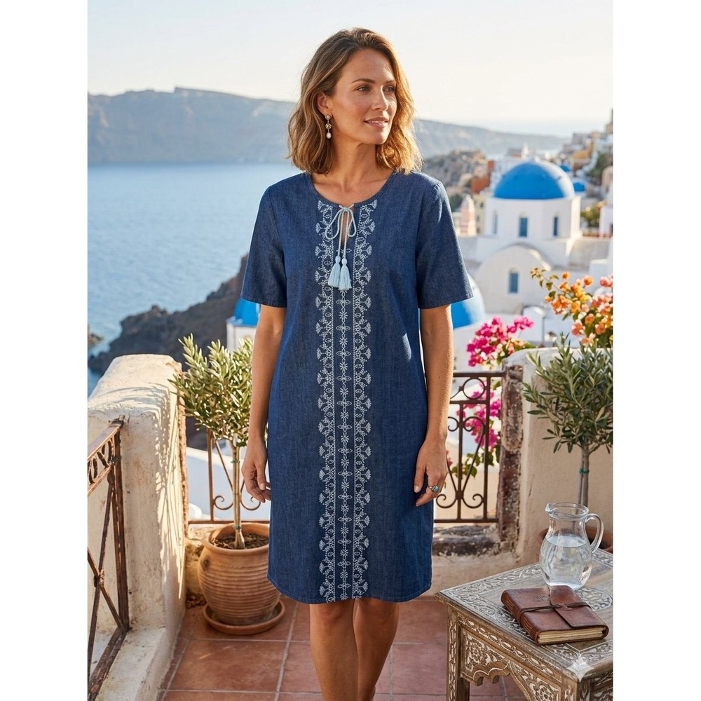 Denim & Co Blue Embroidered Tassel Tie Denim Shift Dress XL Pocket Short Sleeve